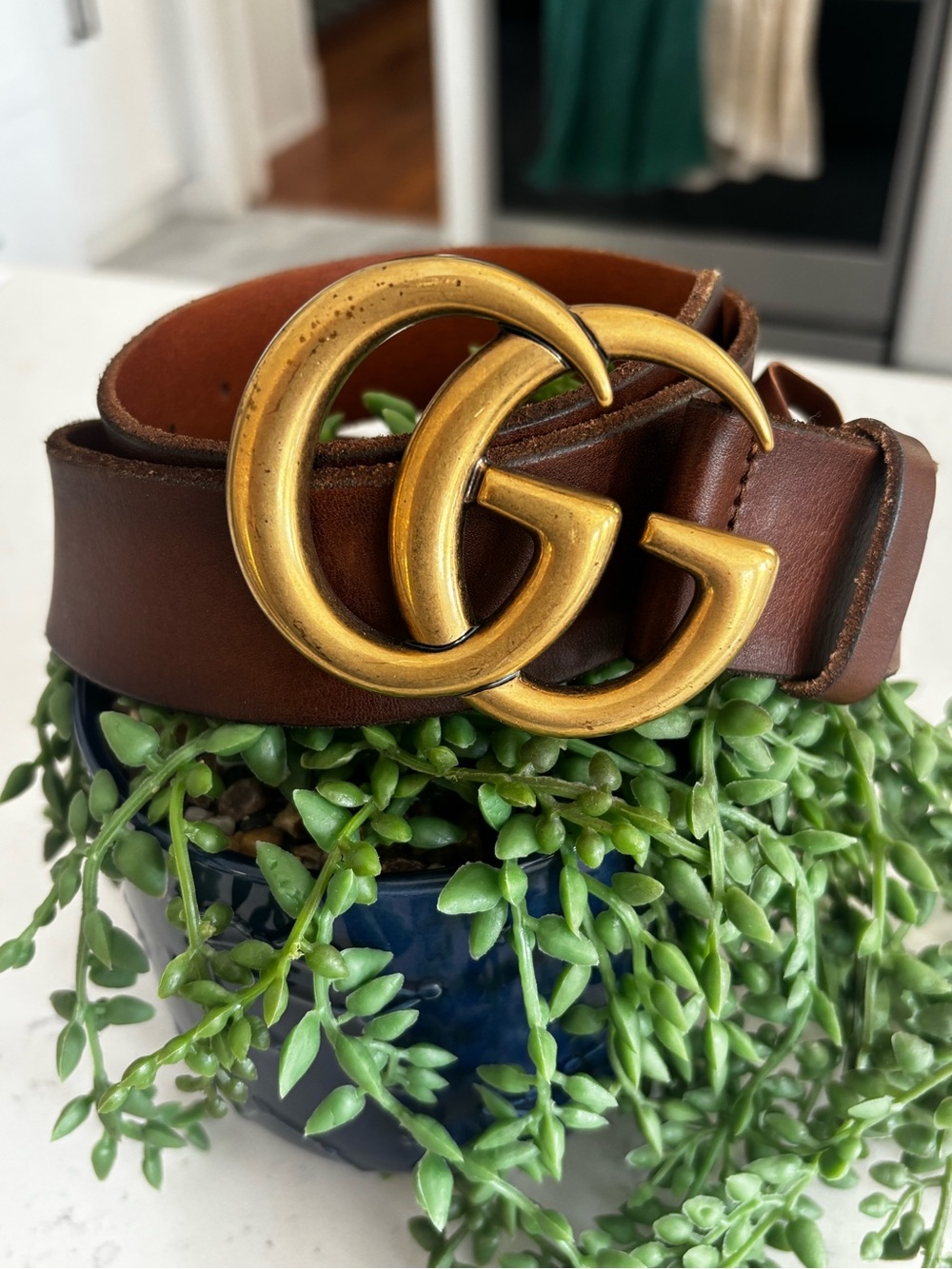 Gucci Brown Leather Belt with Gold Double G Buckle